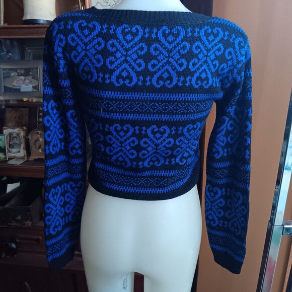 Blue & Black Cotton Emporium Cropped Sweater XS Nordic Pattern Knit Pullover - Picture 5 of 6